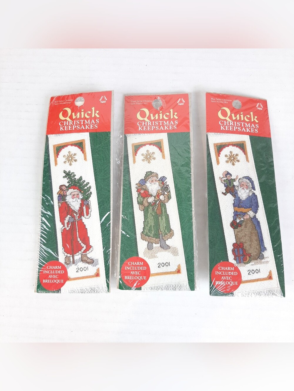 Lot of 3 New VTG Father Christmas Bookmark & Charm Quick 18 Ct Cross Stitch Kits